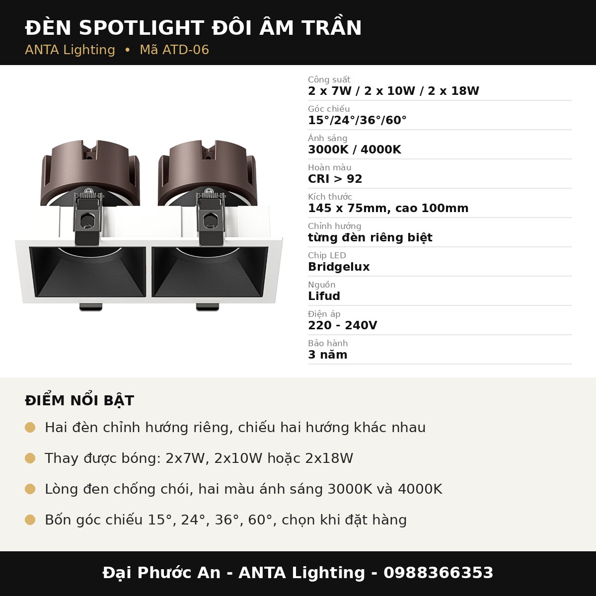Thông số Đèn Spotlight Đôi Âm Trần Module ATD-06 ANTA
