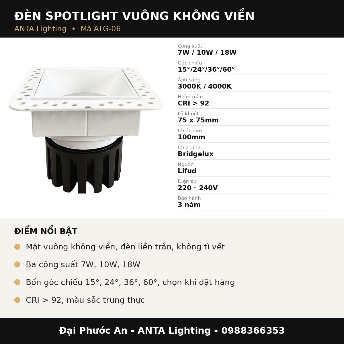 Thông số Đèn Spotlight Vuông Không Viền Module ATG-06 ANTA
