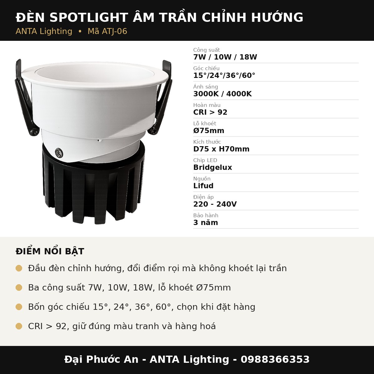 Thông số Đèn Spotlight Âm Trần Chỉnh Hướng Module ATJ-06 ANTA
