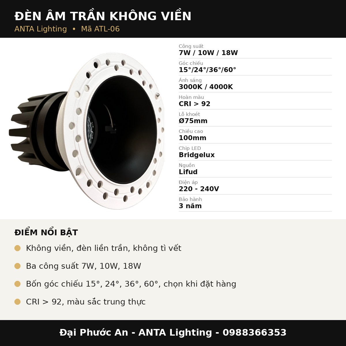 Thông số Đèn Âm Trần Không Viền Spotlight Module ATL-06 ANTA