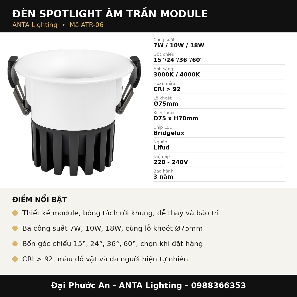 Thông số Đèn Spotlight Âm Trần Module ATR-06 ANTA