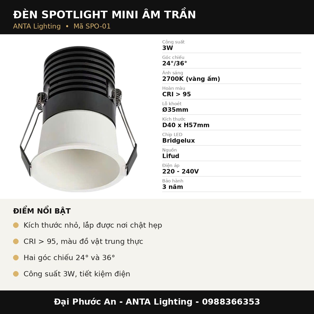 Thông số Đèn Spotlight Mini Âm Trần SPO-01 ANTA