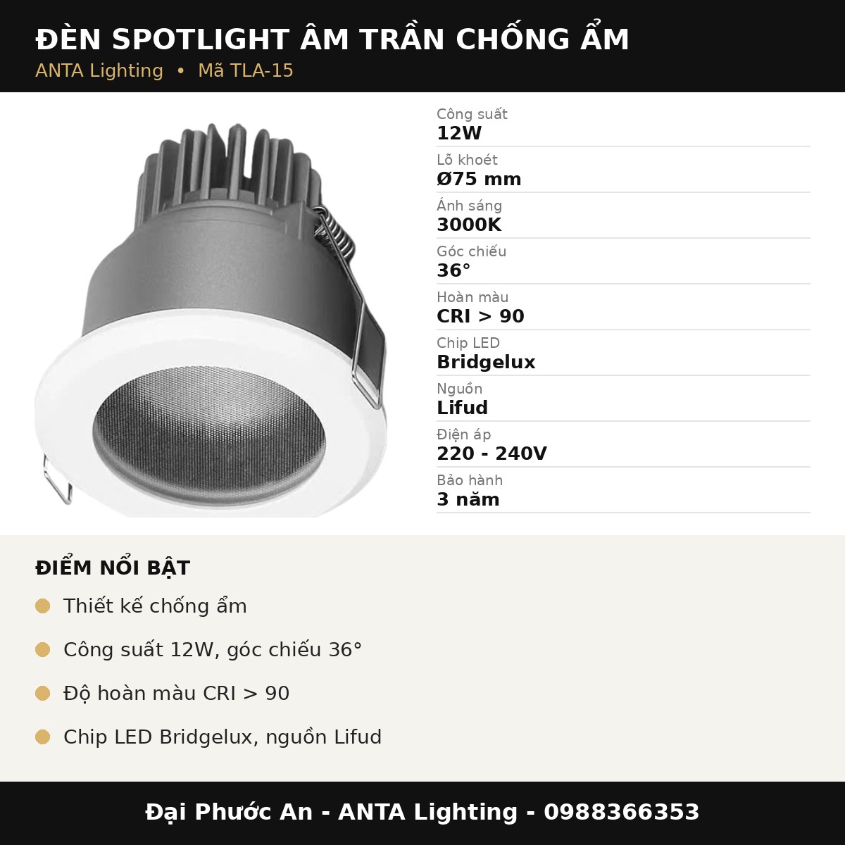 Thông số kỹ thuật TLA-15 ANTA Lighting